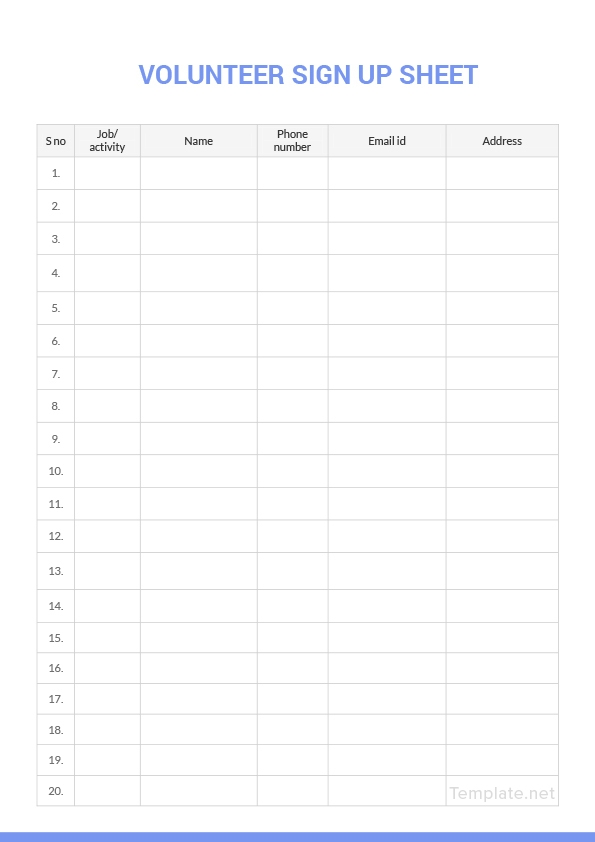 Free Volunteer Sign Up Sheet Template