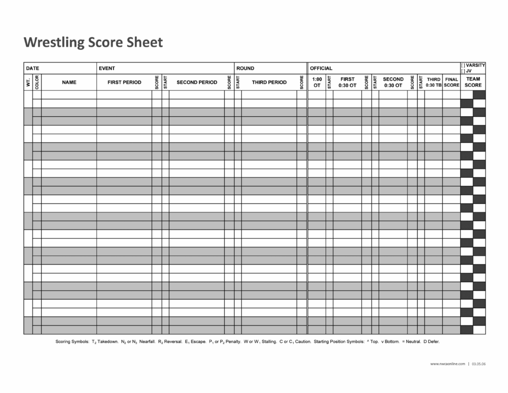 Free Wrestling Score Sheet PDF 1962KB 1 Page s 