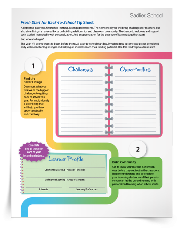 Fresh Start For Back to School Tip Sheet Sadlier School