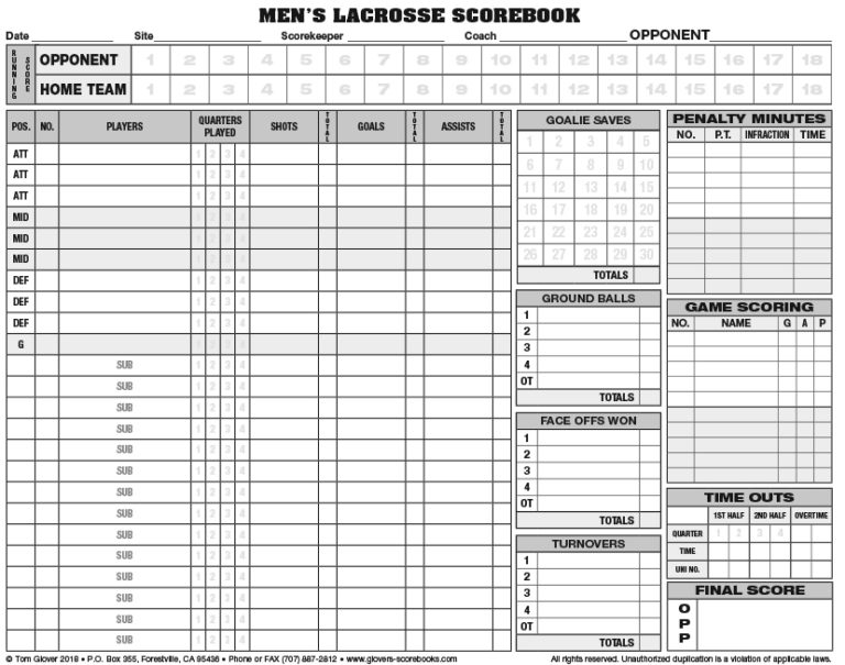 Glover s Mens Lacrosse Scorebook 26 Games