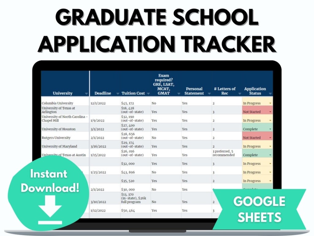 Graduate School Application Tracker GOOGLE SHEETS Med School 