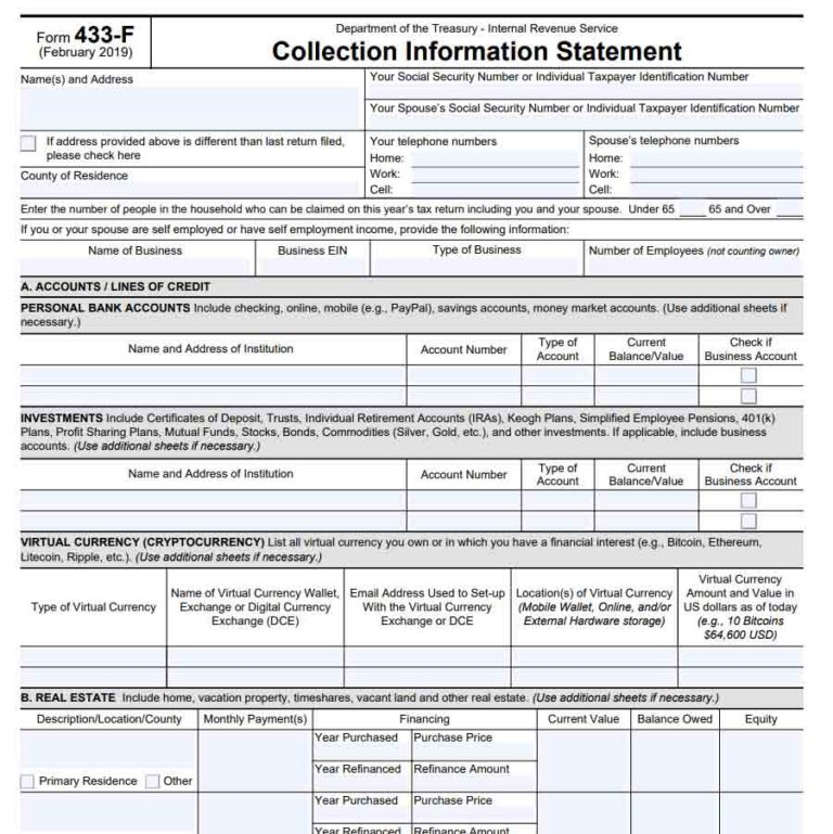Guide To IRS Form 433 F Collection Information Statement
