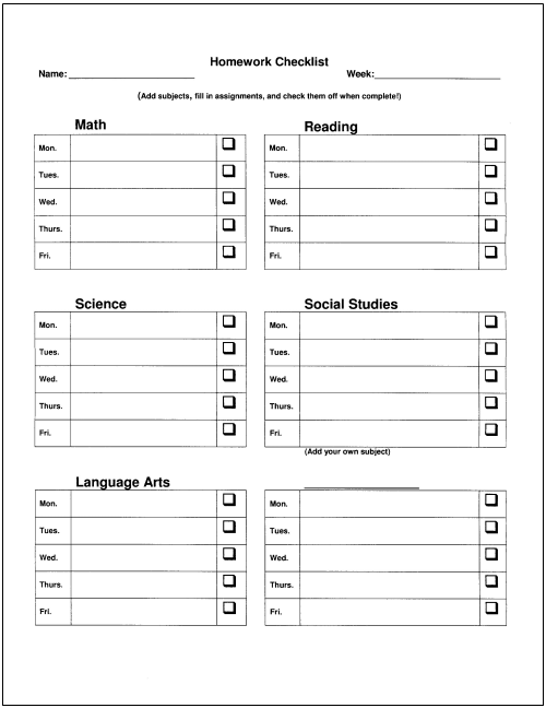 Homework Checklist For Middle School Students