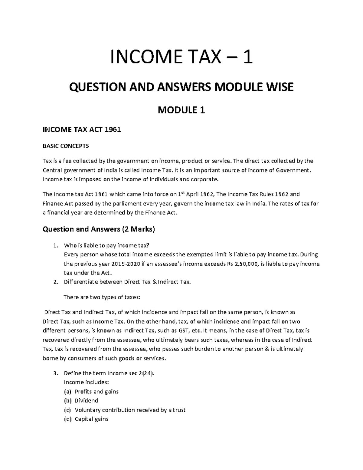Income Tax INCOME TAX 1 QUESTION AND ANSWERS MODULE WISE MODULE 1