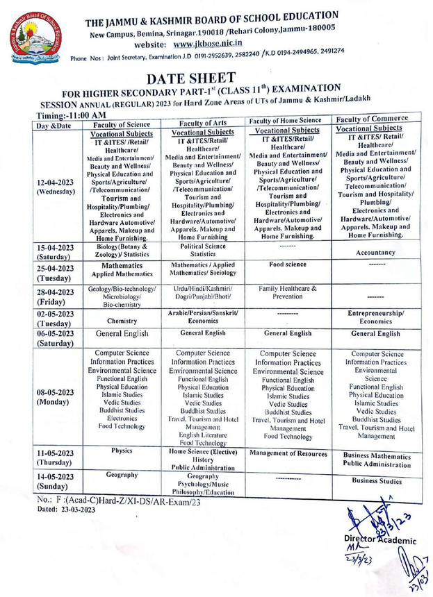 JKBOSE 11th Date Sheet 2025 PDF For Soft Zone Check JK Board Class 11 