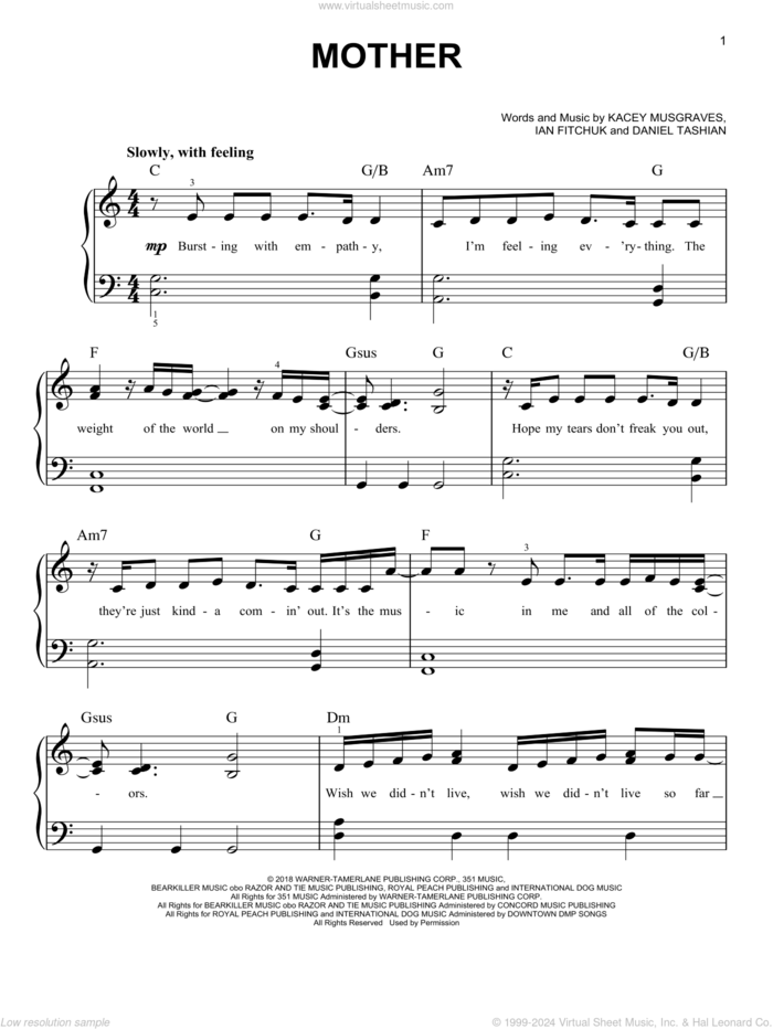 Kacey Musgraves Mother Sheet Music For Piano Solo PDF 