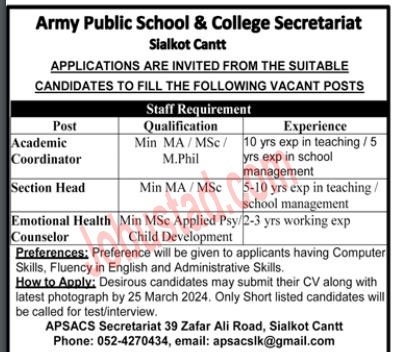 Latest Army Public School College Secretariat Jobs In Sialkot Cantt 