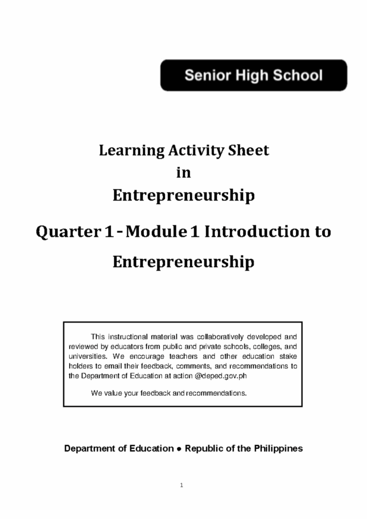 Learning Activity Sheet Entrepreneurship 12 Module 1 This 