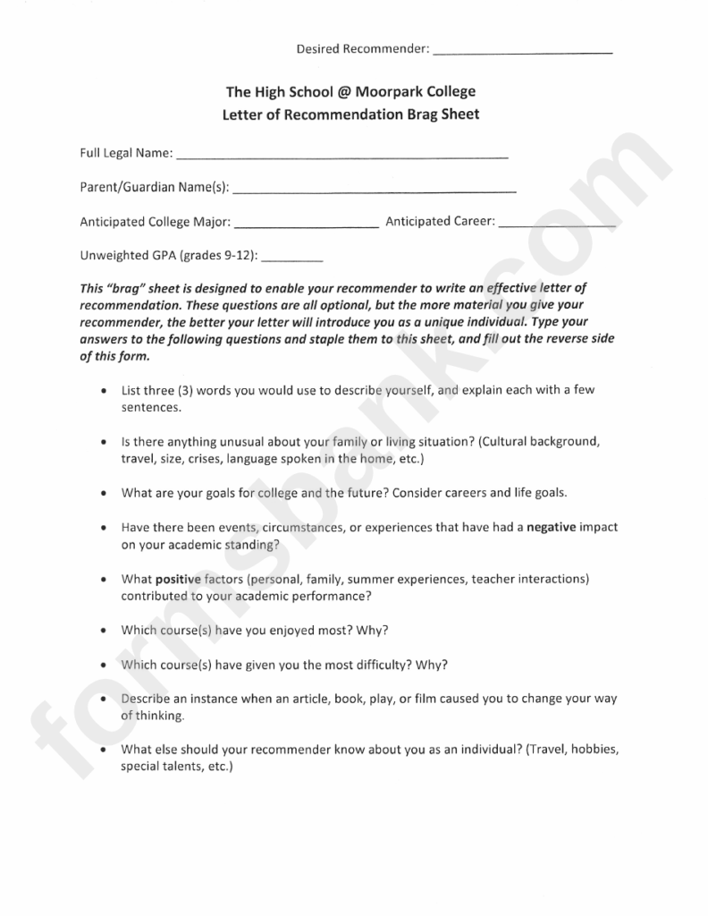 Letter Of Recommendation Brag Sheet Printable Pdf Download