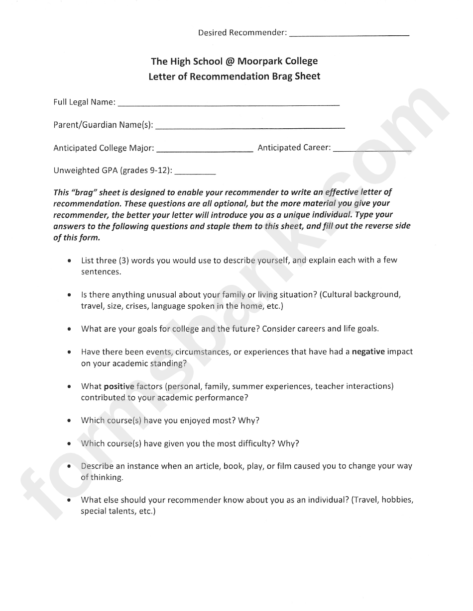 Letter Of Recommendation Brag Sheet Printable Pdf Download