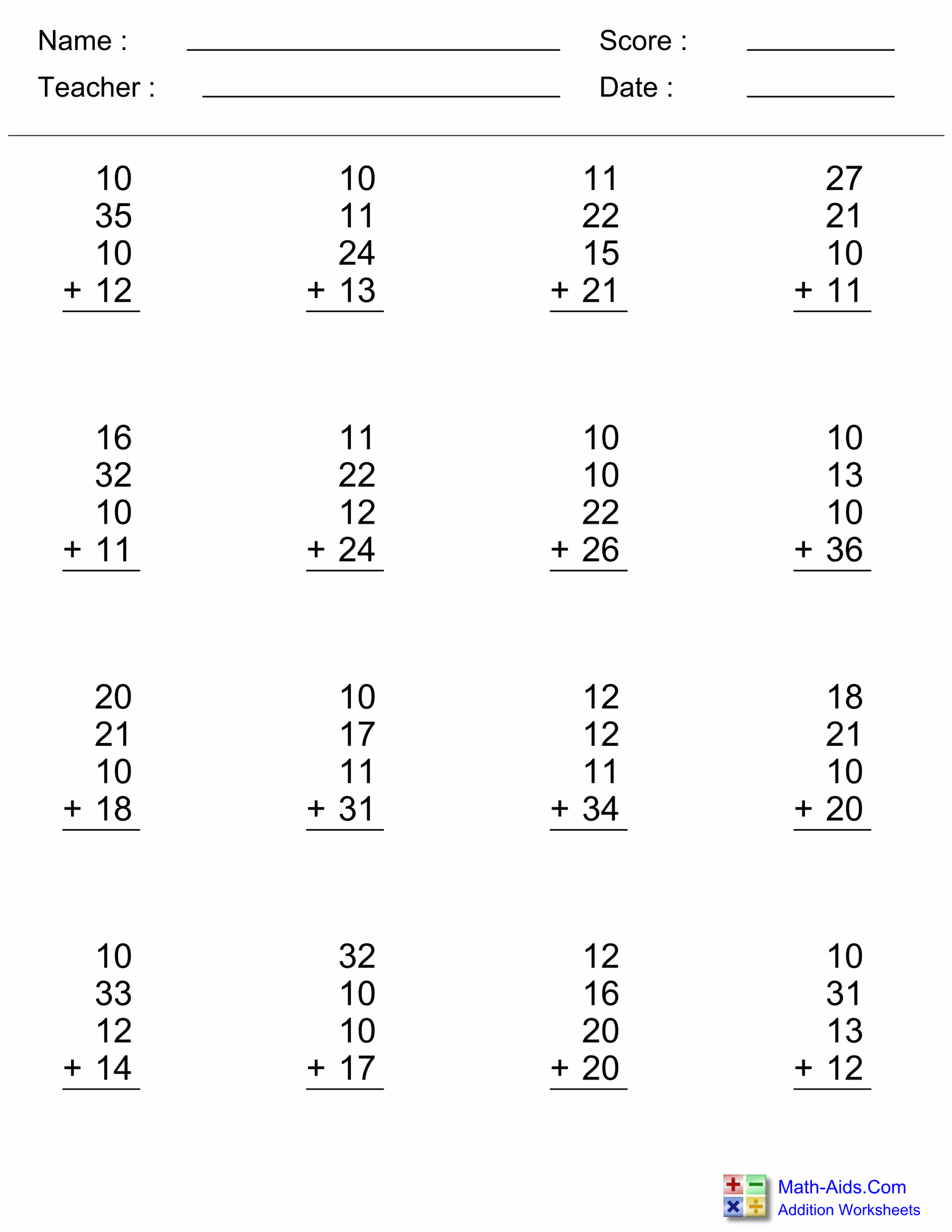 Long Addition Worksheets