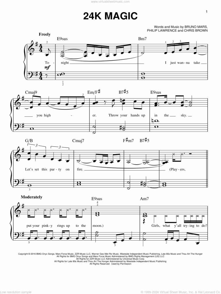 Mars 24K Magic Sheet Music For Piano Solo PDF interactive 