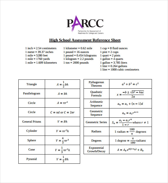Math Reference Sheet High School