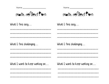 Math Reflection Sheet By MsKimmy123 Teachers Pay Teachers