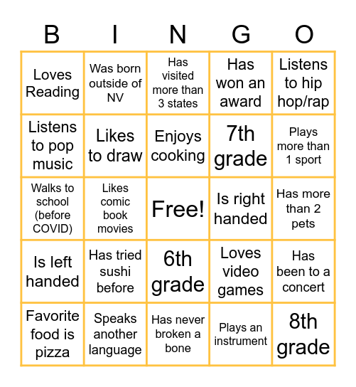 Middle School Bingo Card