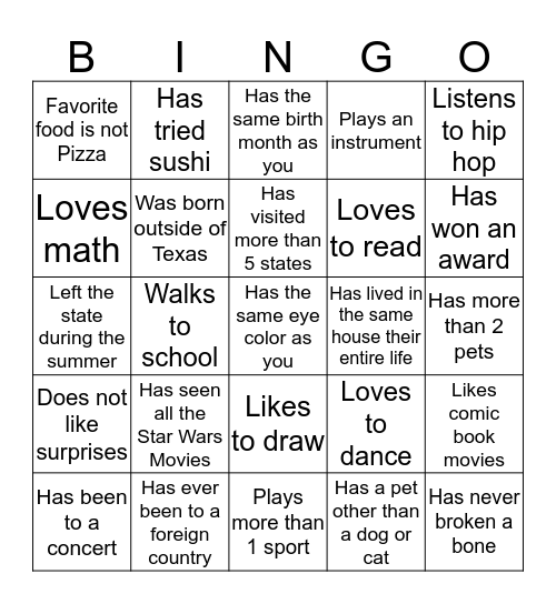 Middle School Bingo Card