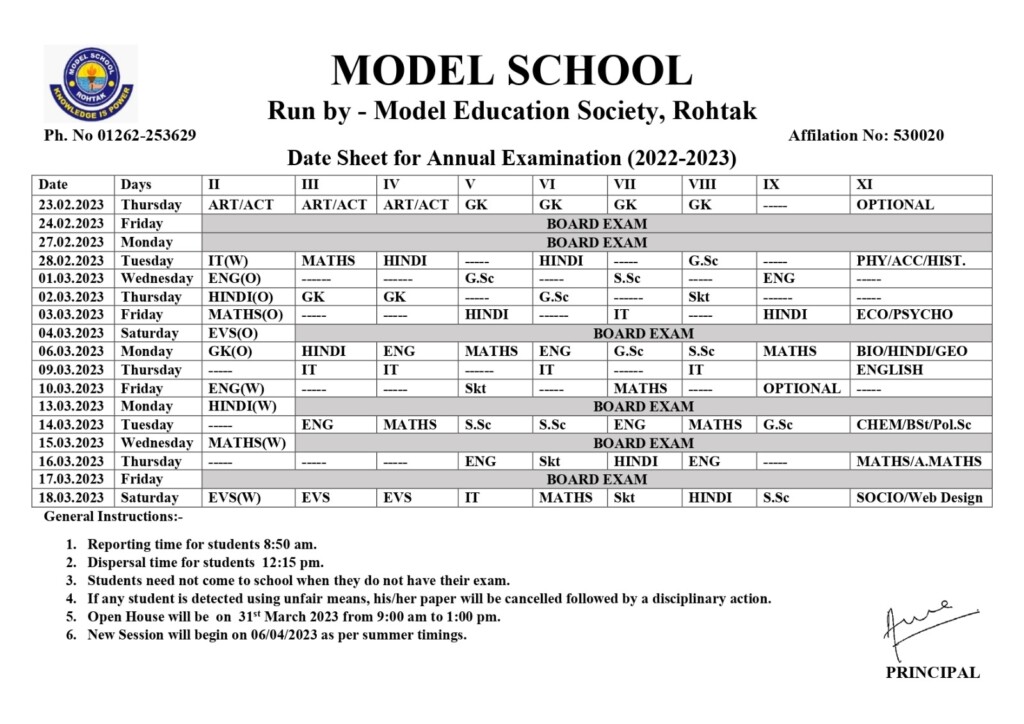 Model School Rohtak Datesheet