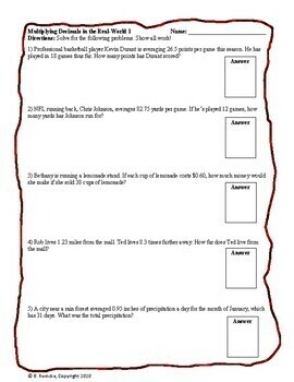 Multiplying Decimals 5 NBT 7 Worksheets With Answer Keys TpT