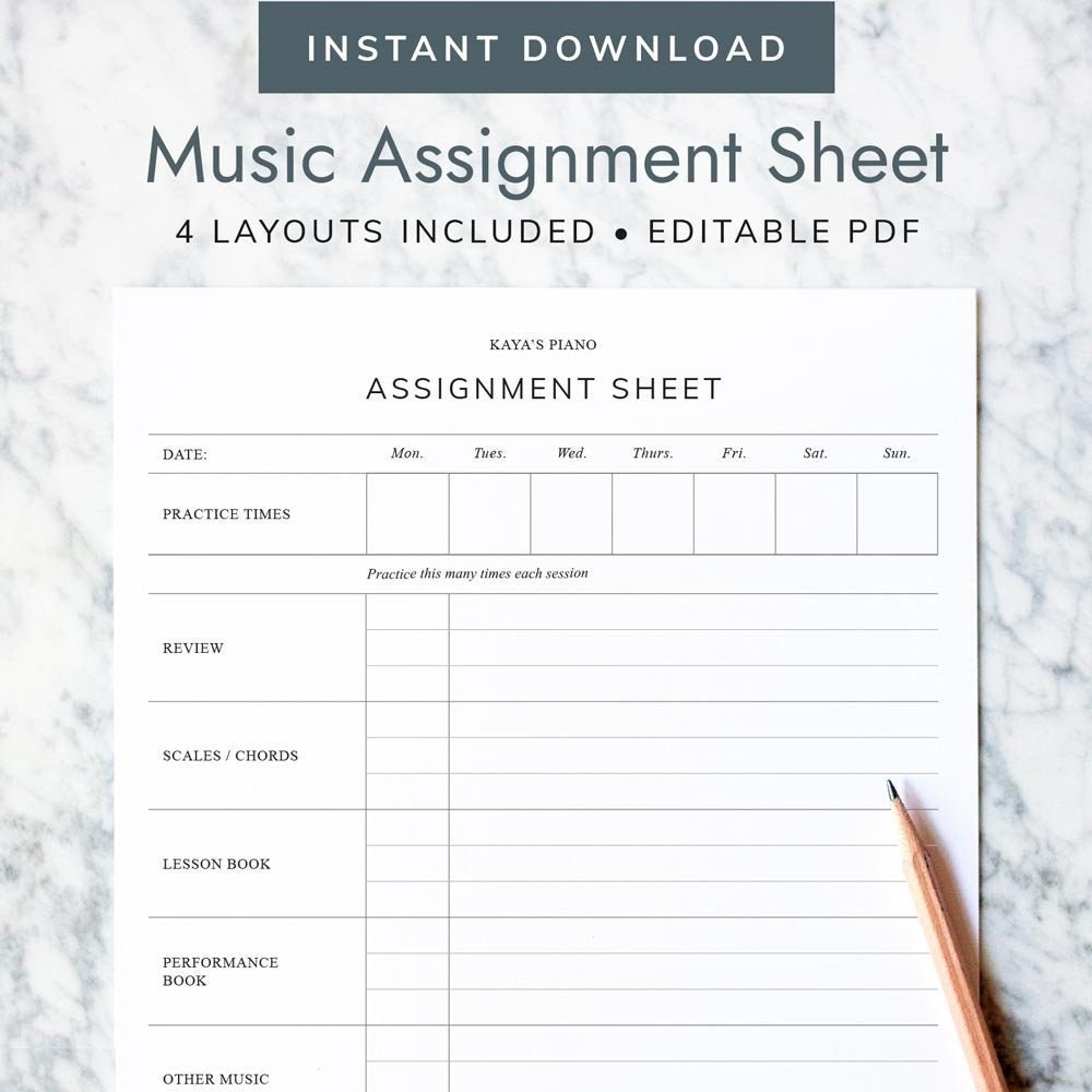 Music Assignment Sheet Piano Practice Tracker Music Teacher Planner 