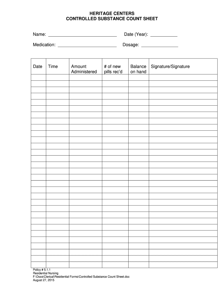 NY Heritage Centers Controlled Substance Count Sheet Arc Erie County 