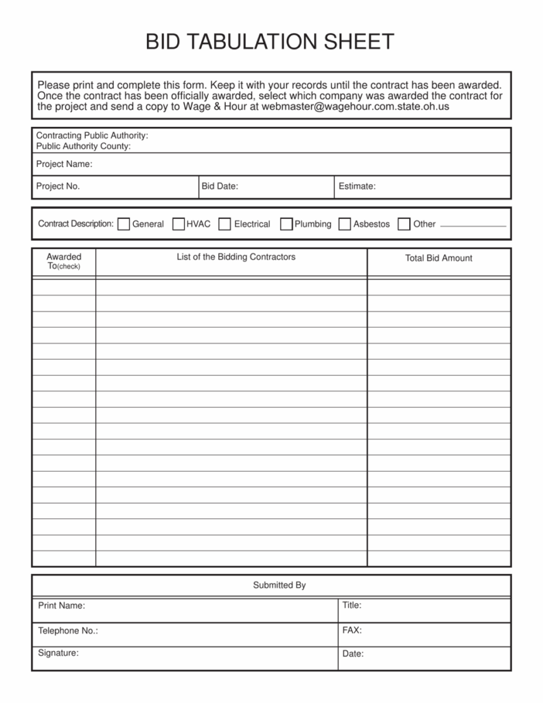 Ohio Bid Tabulation Sheet Download Printable PDF Templateroller