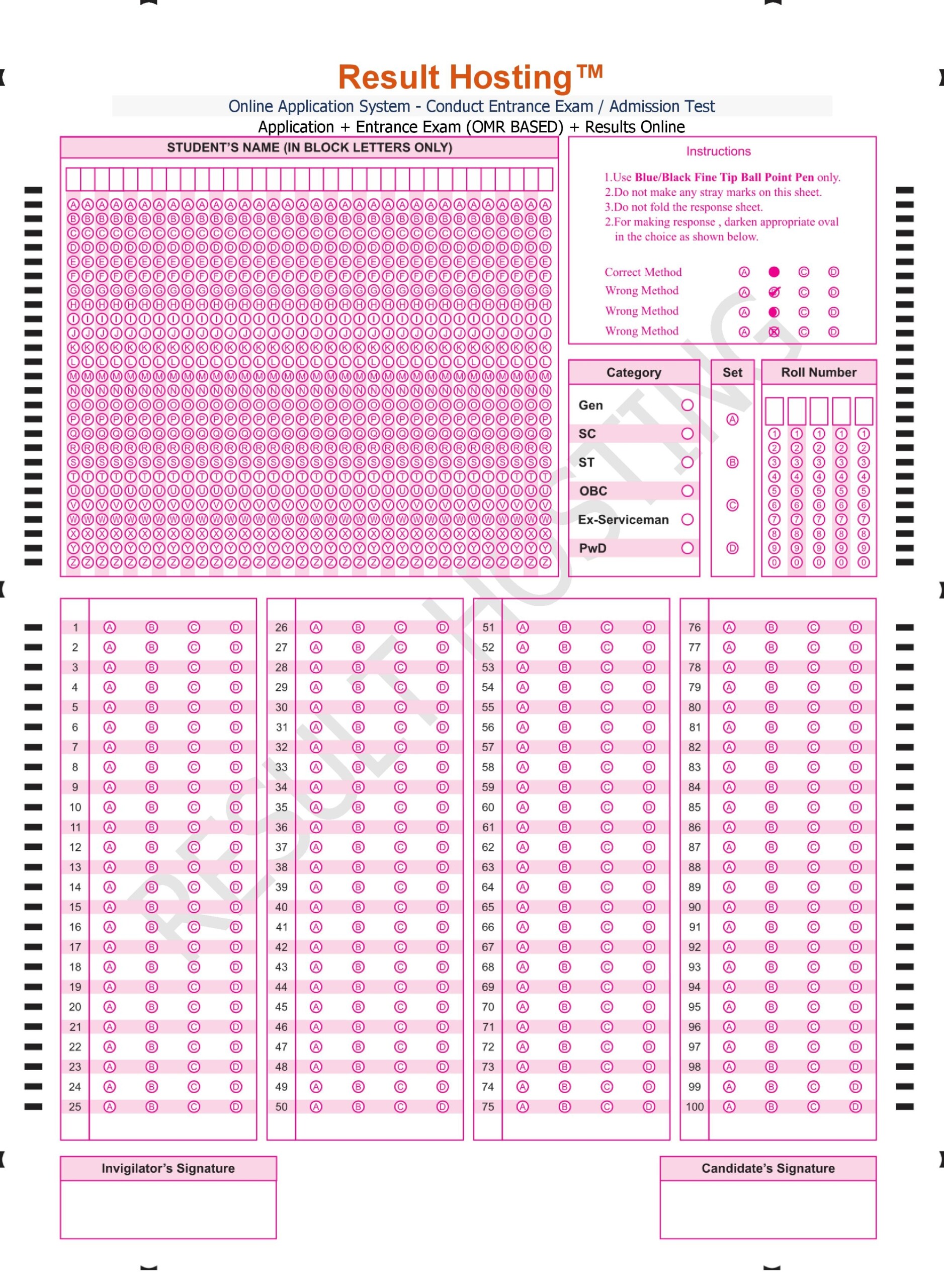 Omr Sheet For Sainik School Entrance Exam