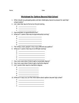 Options Beyond High School Worksheet By Everything You Need TpT