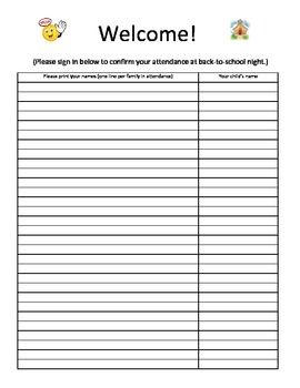 Parent Attendance Sign in Sheet For Back to school Night By Flukes