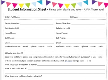 Parent Information Sheet Back To School Get To Know You TPT