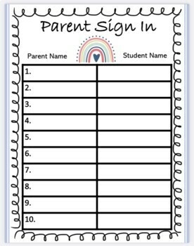 Parent Sign In Sheet Editable By A Dash Of Rainbows TpT