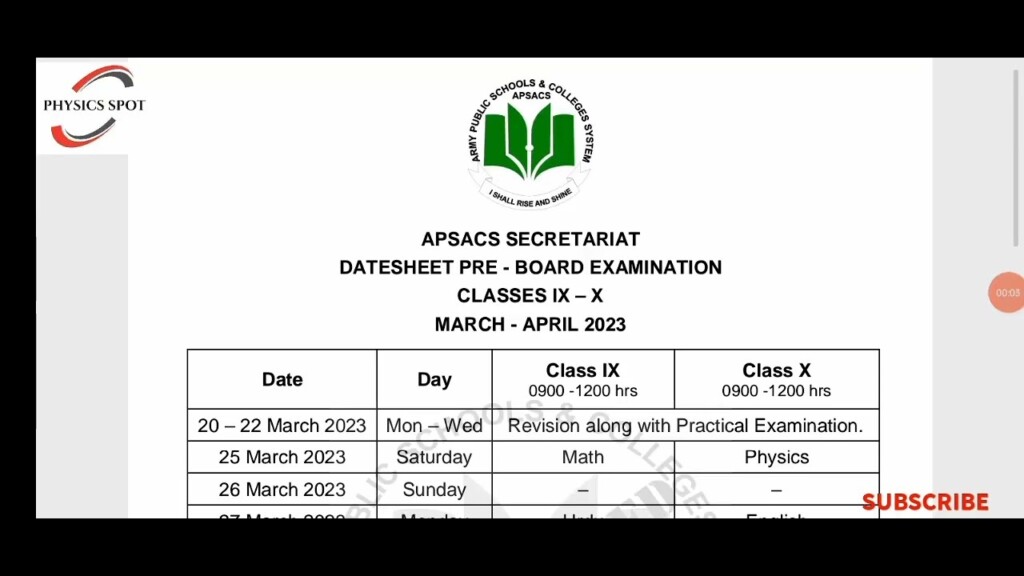 Pre Board Date Sheet Class 9th 10 apsacs aps APSC pakistan fbise 