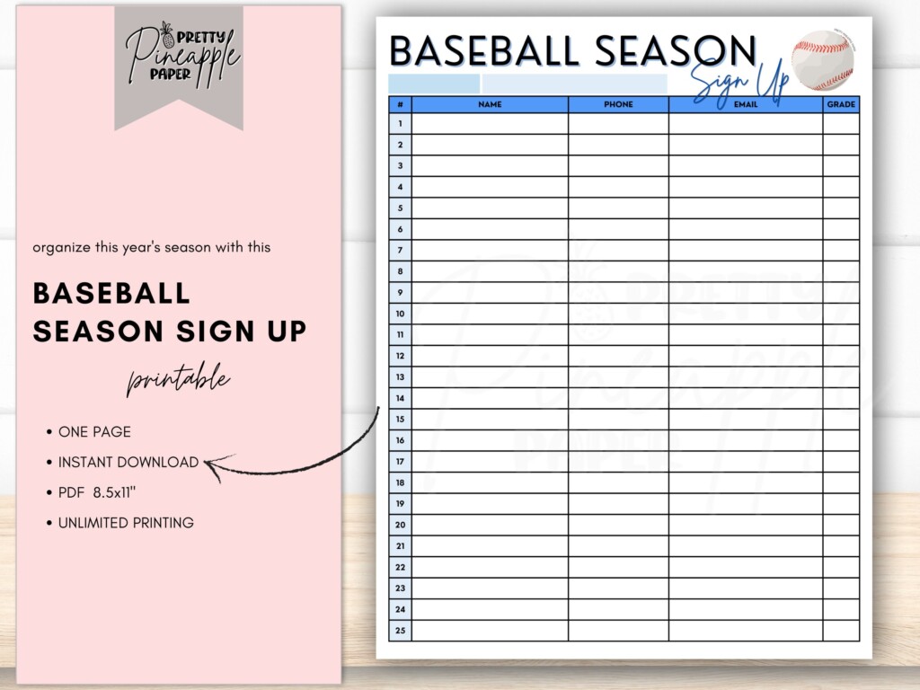Printable Baseball Season Sign Up Sheet Instant Download Template 