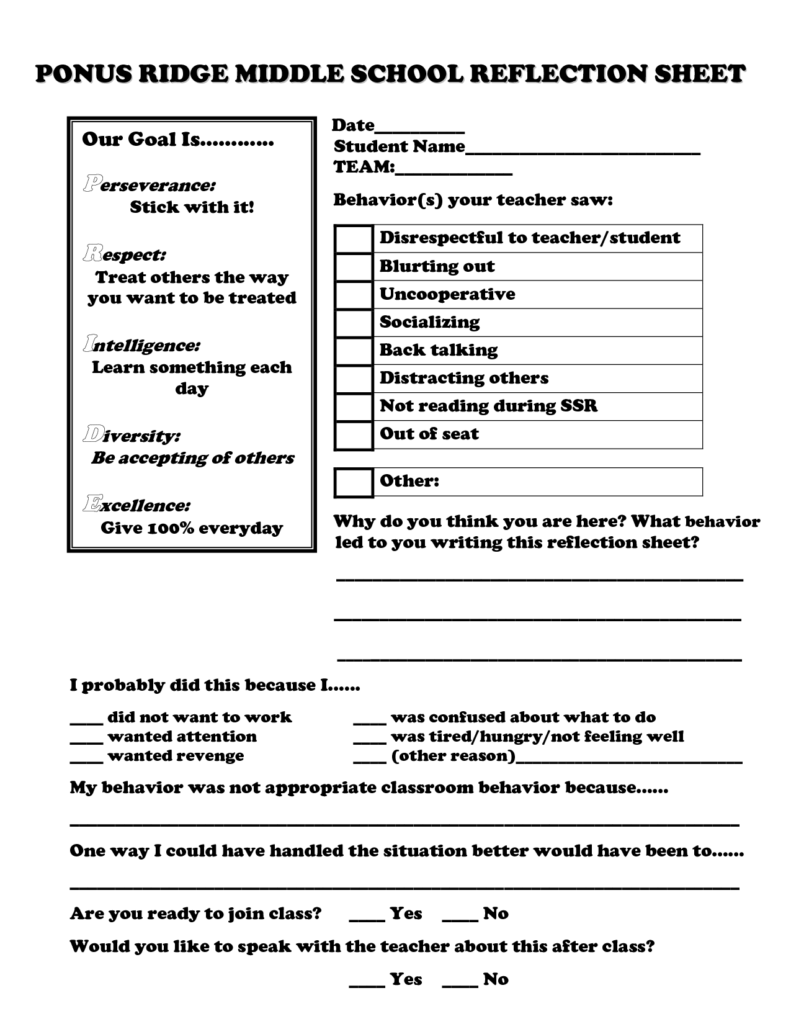 Printable Behavior Reflection Sheet Pdf