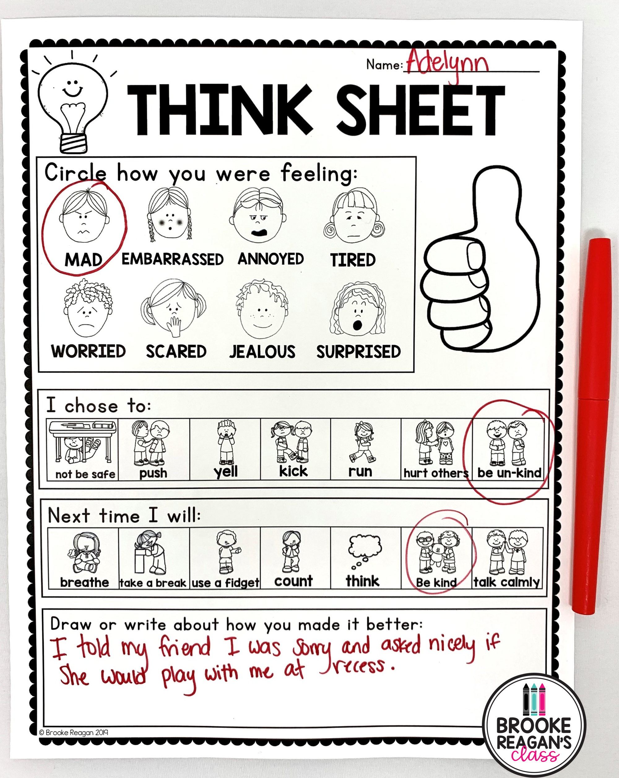 Printable Behavior Reflection Sheets