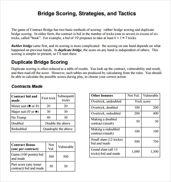Printable Bridge Scorecard