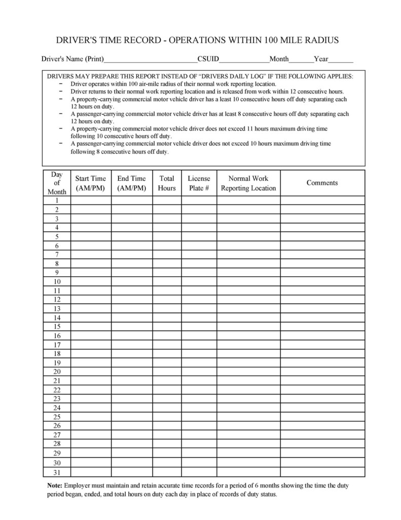 Printable Driving Log Sheet
