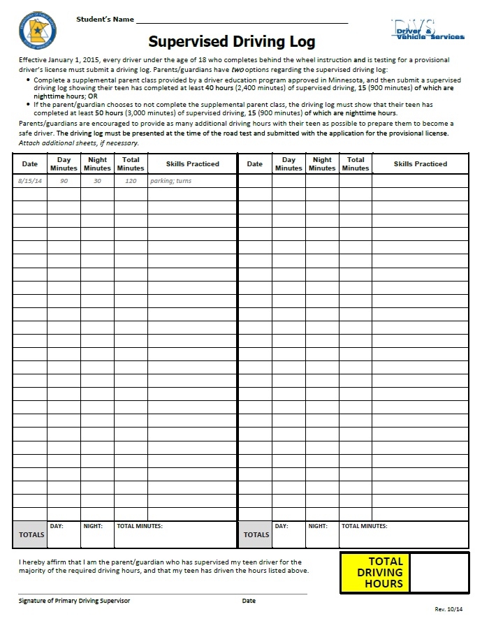 Printable Driving Log