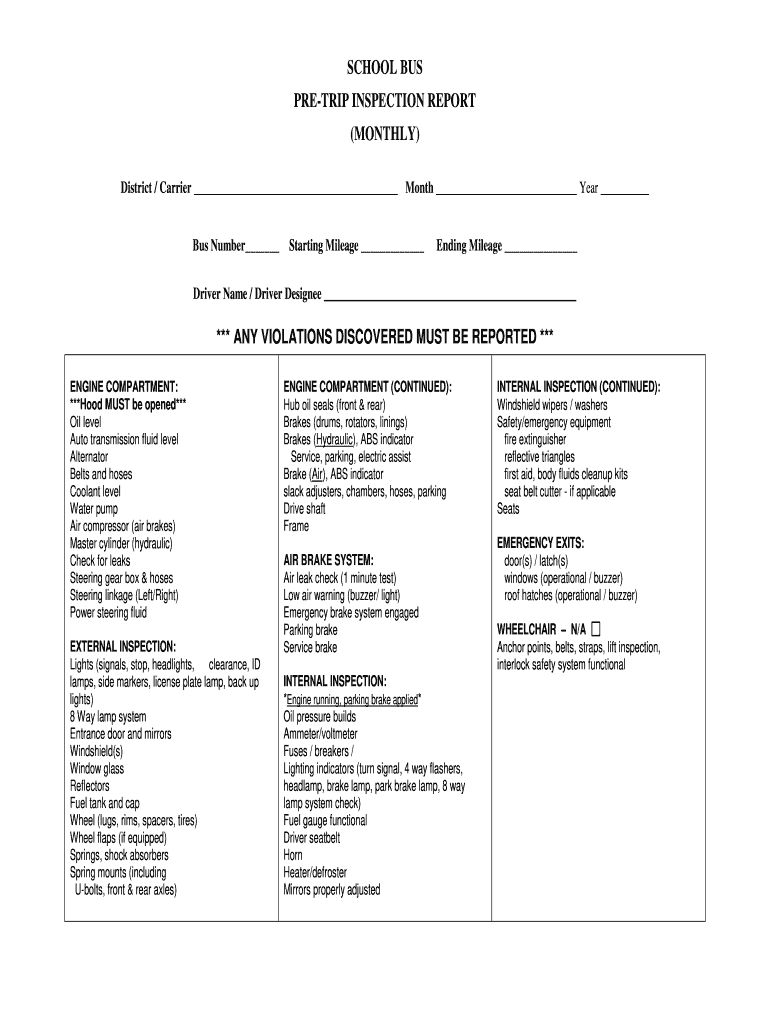 Printable School Bus Pre Trip Inspection Sheet