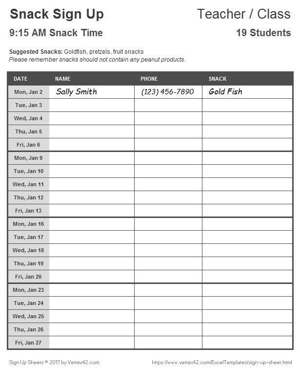 Printable Snack Schedule Template Printable Word Searches