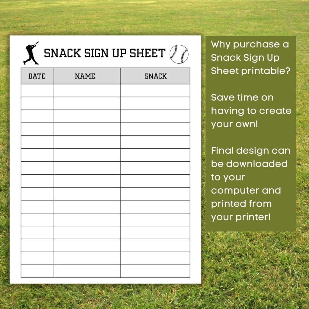 Printable Sports Sign Up Sheet Digital Template Baseball Printable 
