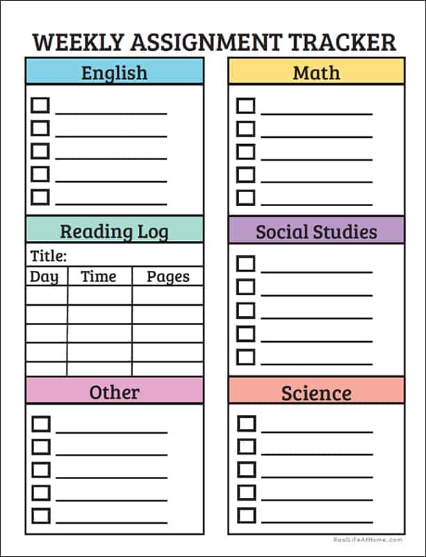 Printable Weekly Assignment Sheet Color And Black And White 