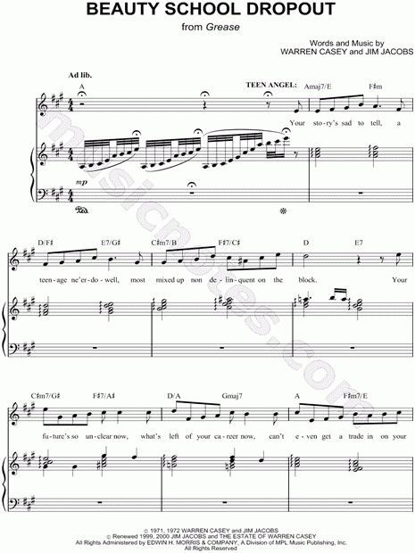  quot Beauty School Dropout quot From 39 Grease 39 Sheet Music In A Major 
