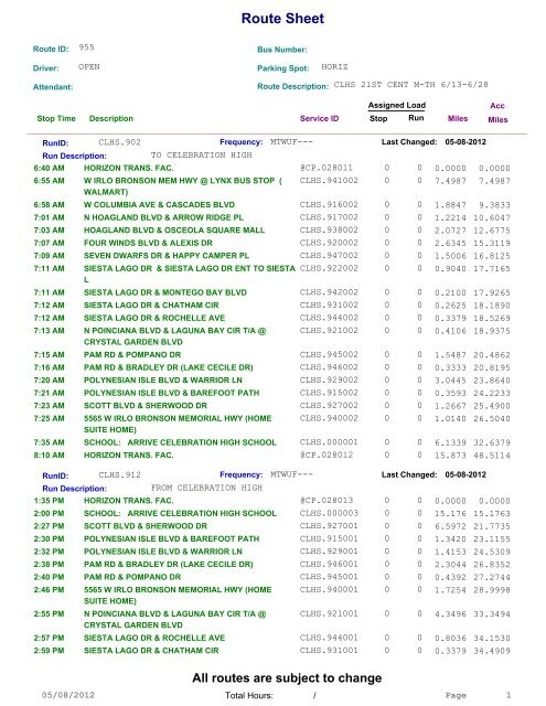 Route Sheet Celebration High School