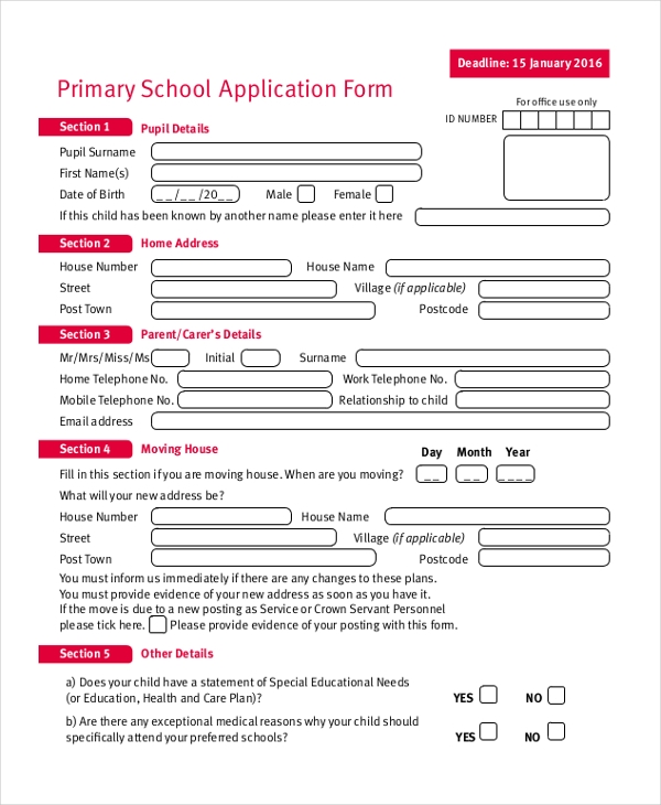 Sample School Application Form