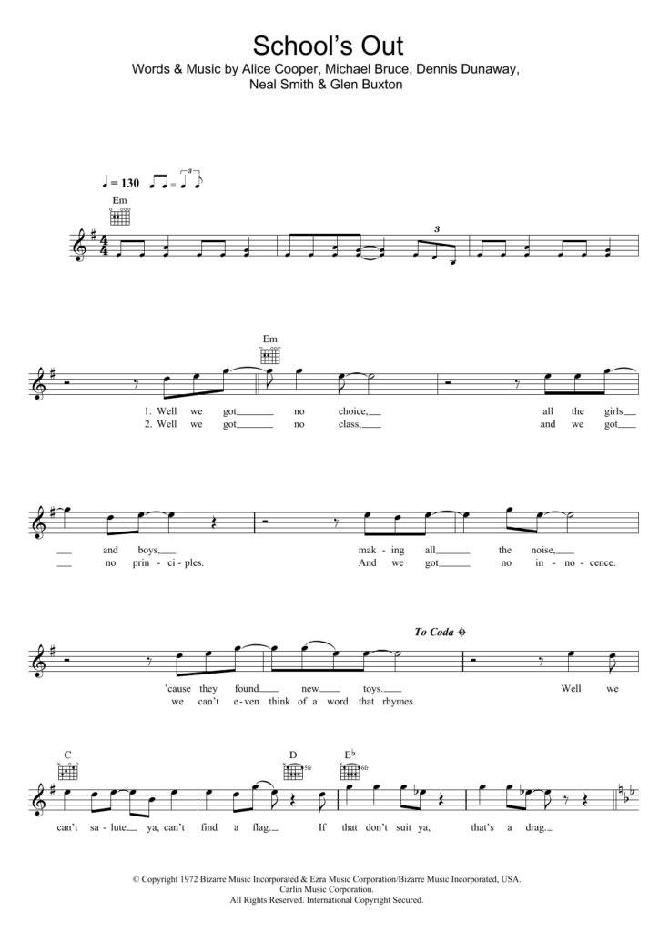School 39 s Out By Alice Cooper Sheet Music For Lead Sheet Fake Book At 