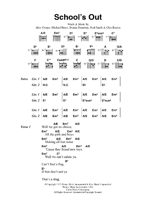 School 39 s Out Sheet Music Alice Cooper Lyrics Chords