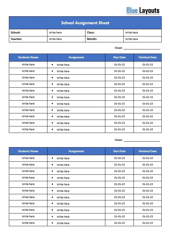 School Assignment Sheet Templates Blue Layouts