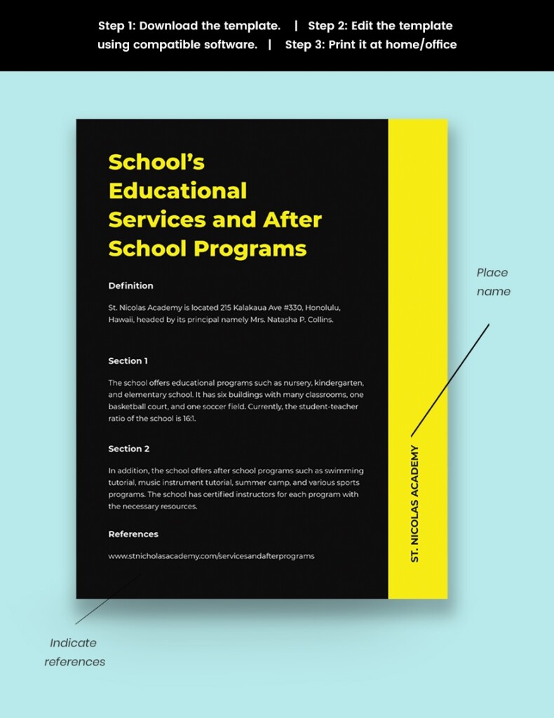School Fact Sheet Template In Word PSD Illustrator Publisher Google 