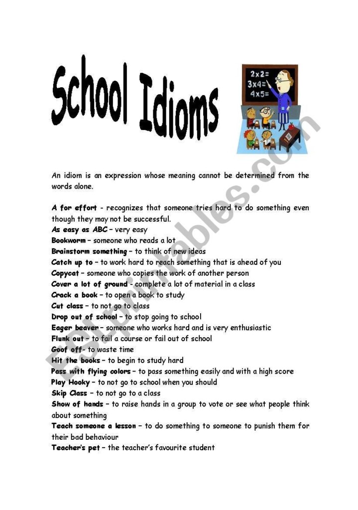 School Idioms ESL Worksheet By Kathrynhope79