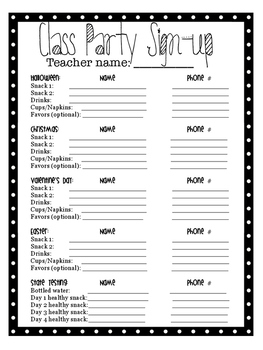 School Party Sign Up Sheet
